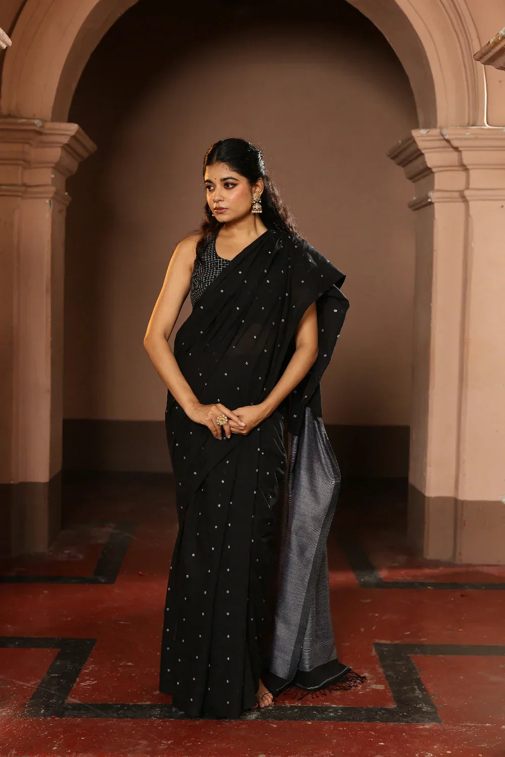 Handloom Black Polka Pure Cotton Jamdani Saree | Shobitam