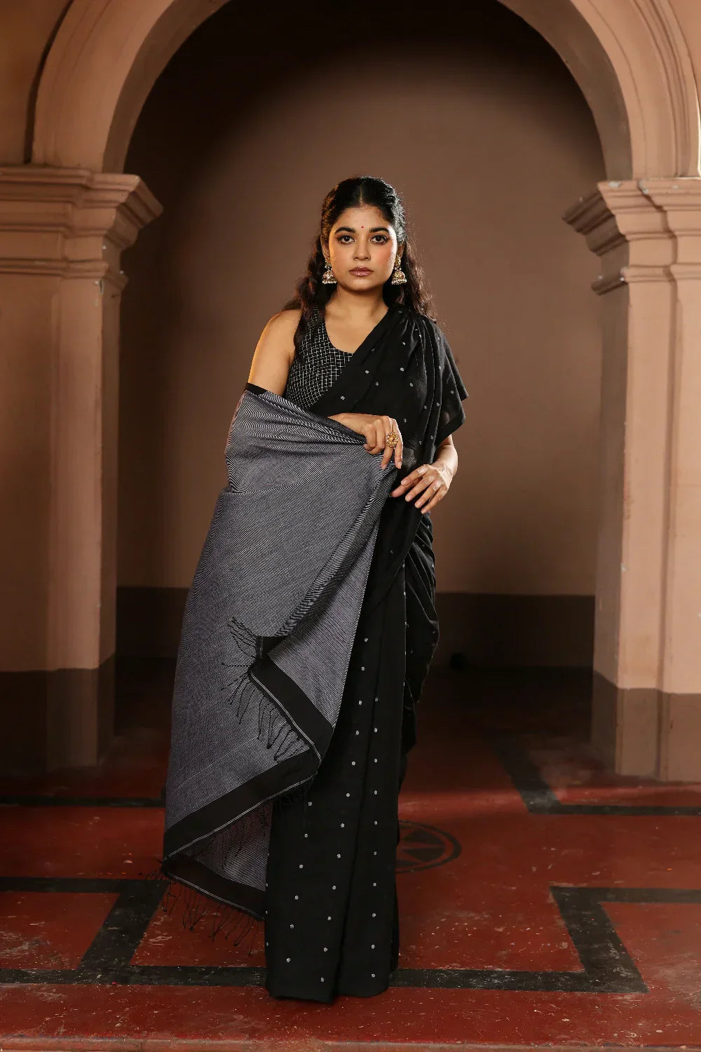 Handloom Black Polka Pure Cotton Jamdani Saree | Shobitam