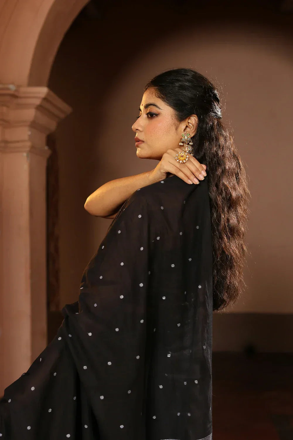 Handloom Black Polka Pure Cotton Jamdani Saree | Shobitam