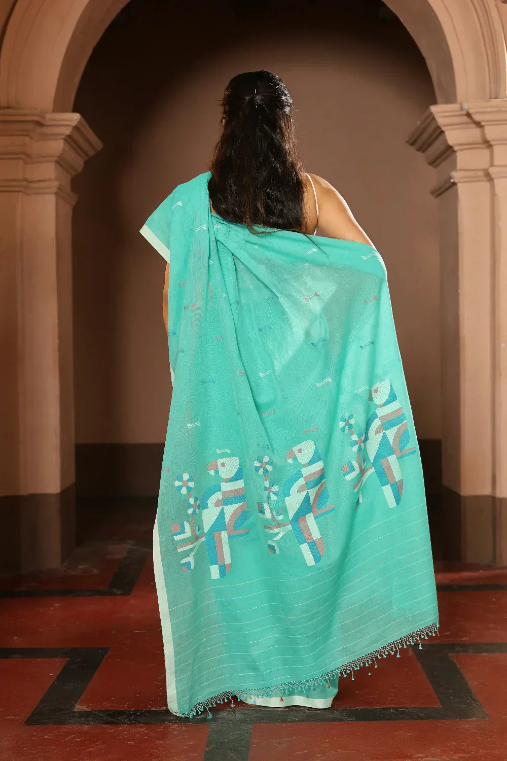 Handloom Aqua Blue Pure Cotton Contemporary Jamdani Saree | Shobitam