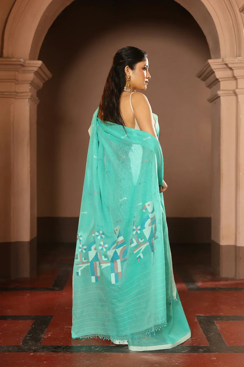 Handloom Aqua Blue Pure Cotton Contemporary Jamdani Saree | Shobitam