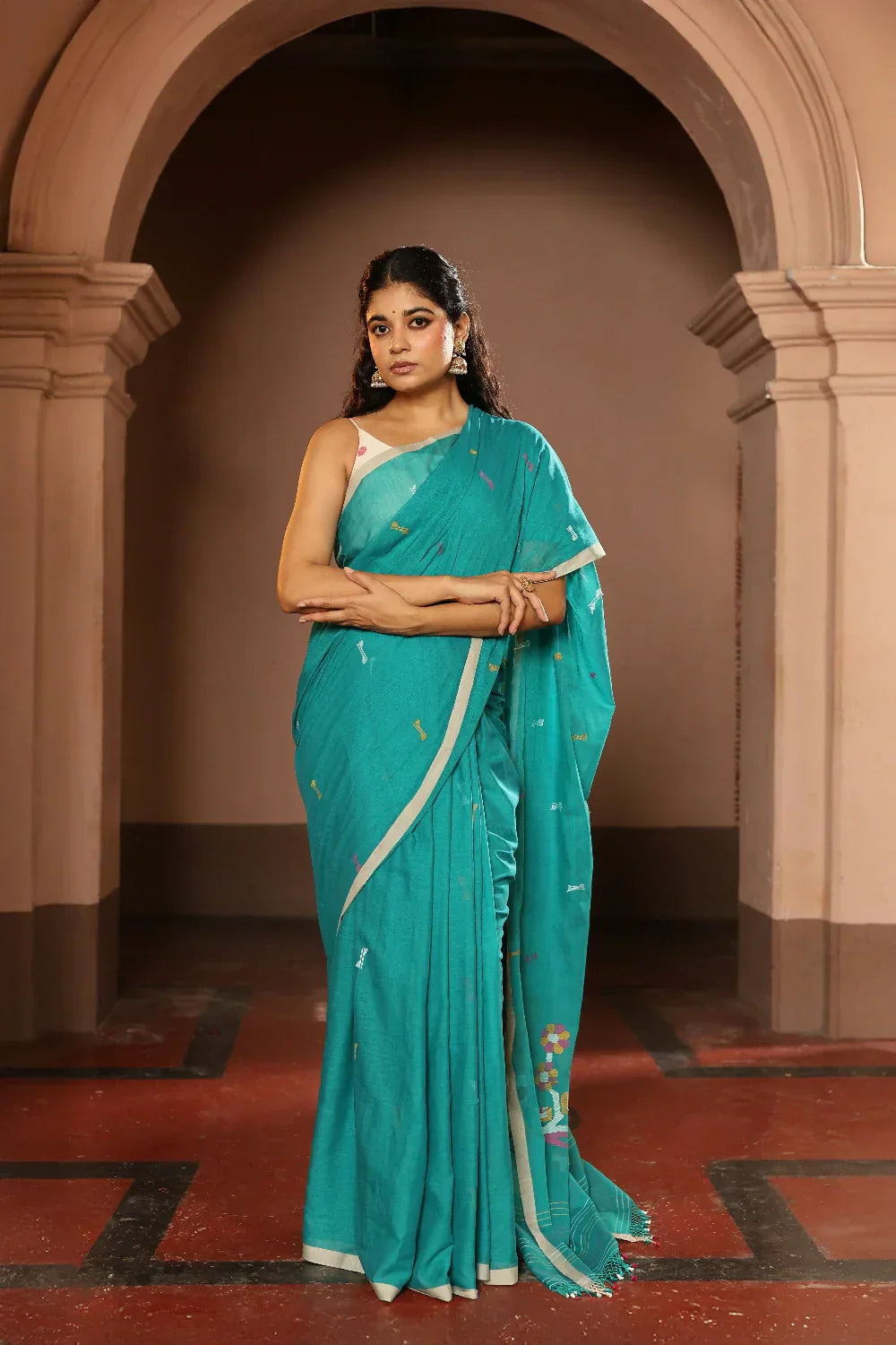 Handloom Deep Aqua Blue Pure Cotton Contemporary Jamdani Saree | Shobitam