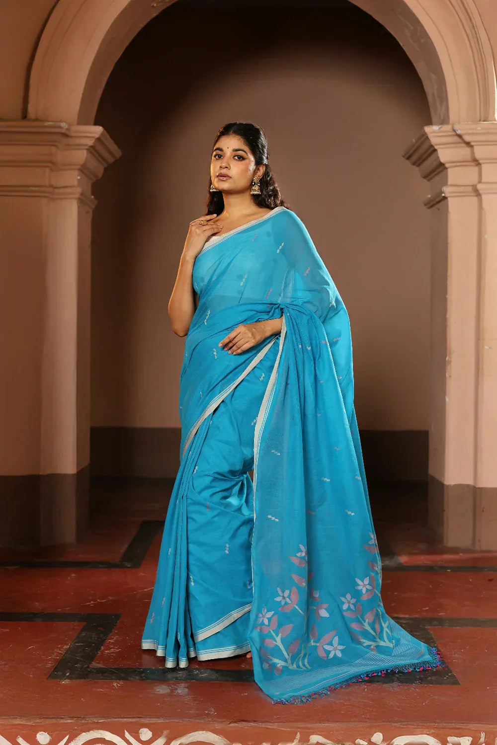 Handloom Firozi Pure Cotton Contemporary Jamdani Saree | Shobitam