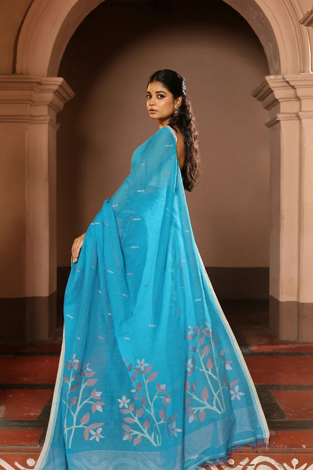Handloom Firozi Pure Cotton Contemporary Jamdani Saree | Shobitam