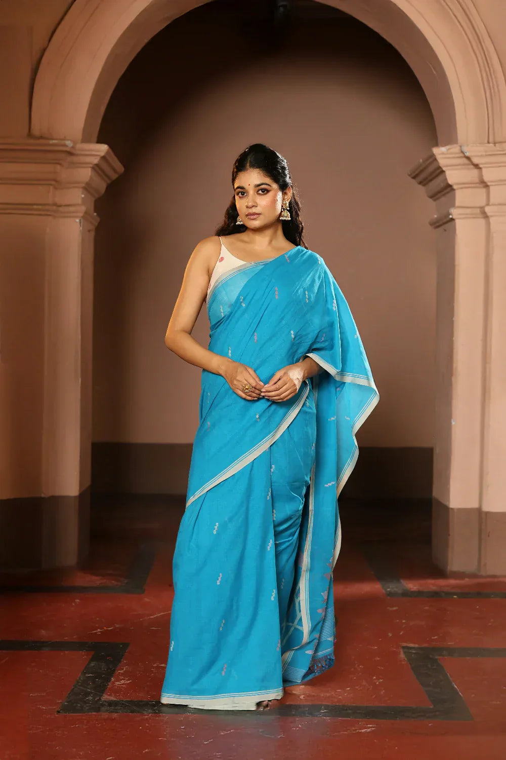 Handloom Firozi Pure Cotton Contemporary Jamdani Saree | Shobitam