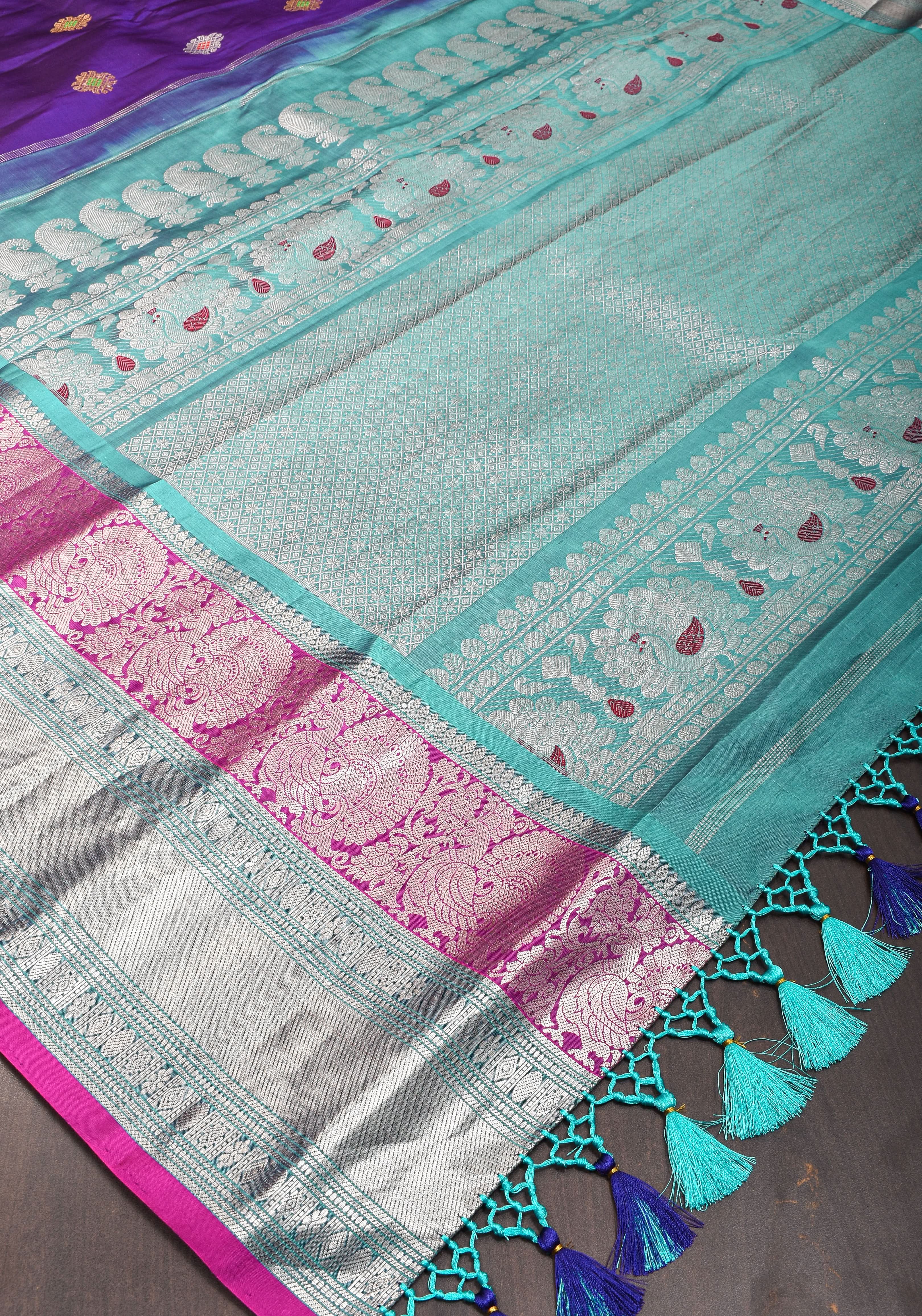 Muggu Design Meenakari Gadwal Silk Saree in Purple with Two Tone  Border | SILK MARK CERTIFIED | Shobitam