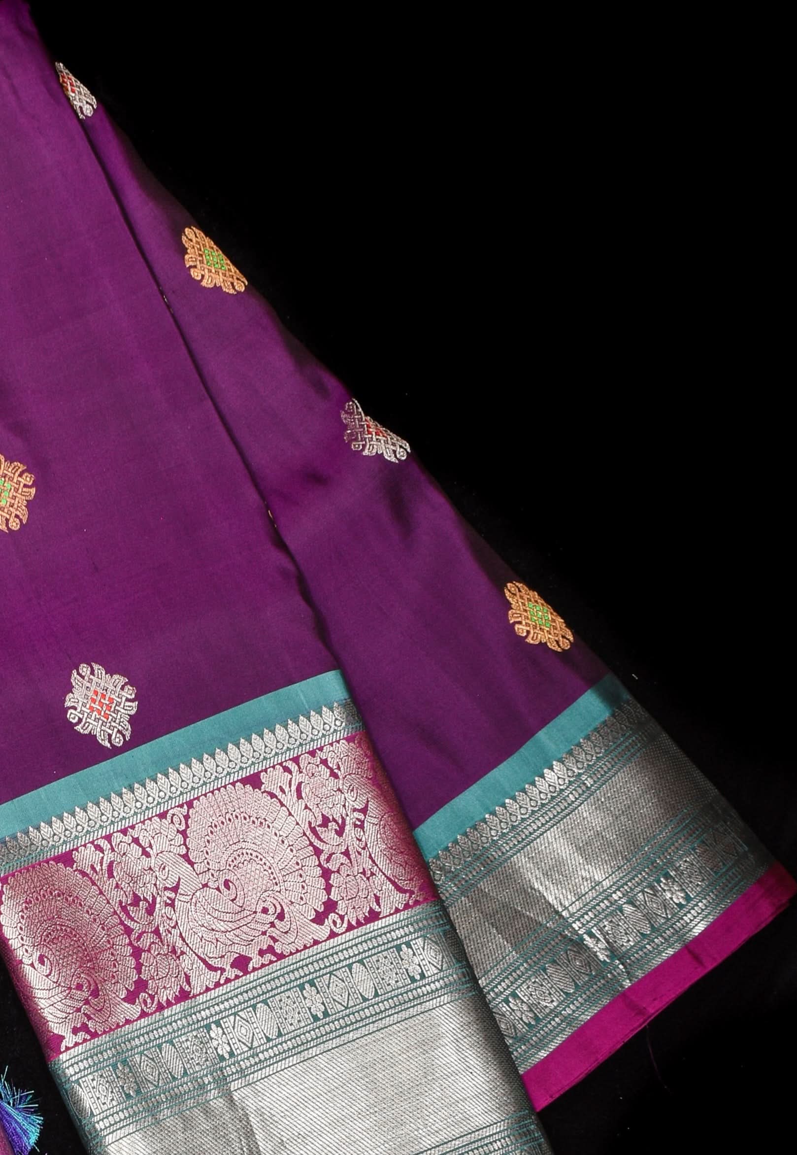 Muggu Design Meenakari Gadwal Silk Saree in Purple with Two Tone  Border | SILK MARK CERTIFIED | Shobitam