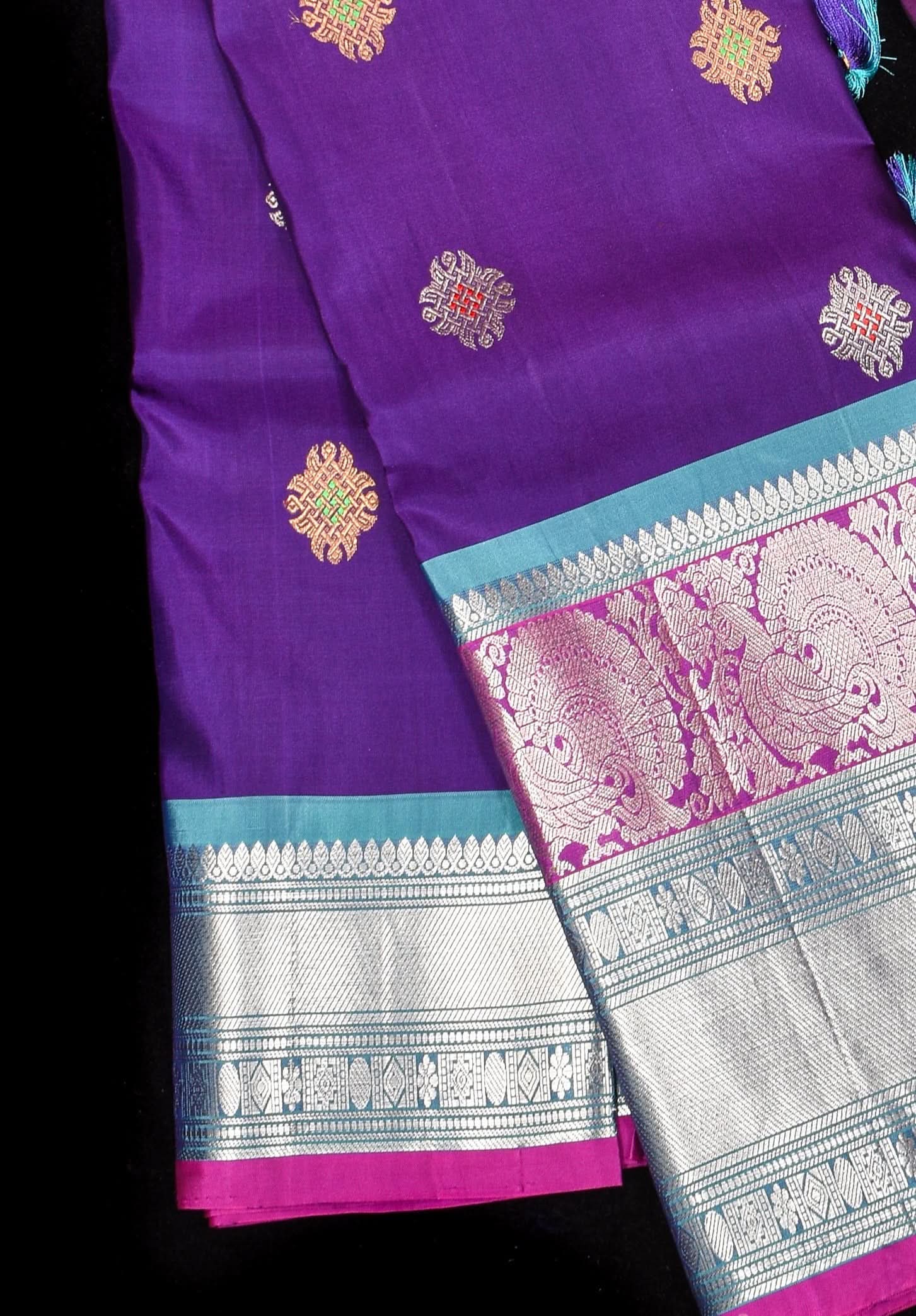 Muggu Design Meenakari Gadwal Silk Saree in Purple with Two Tone  Border | SILK MARK CERTIFIED | Shobitam