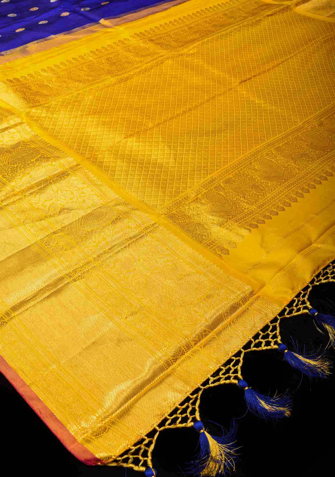 Wrap in 1 minute saree Korvai Blue Gadwal Silk Saree with Zari buttas and Contrast Yellow Zari Border