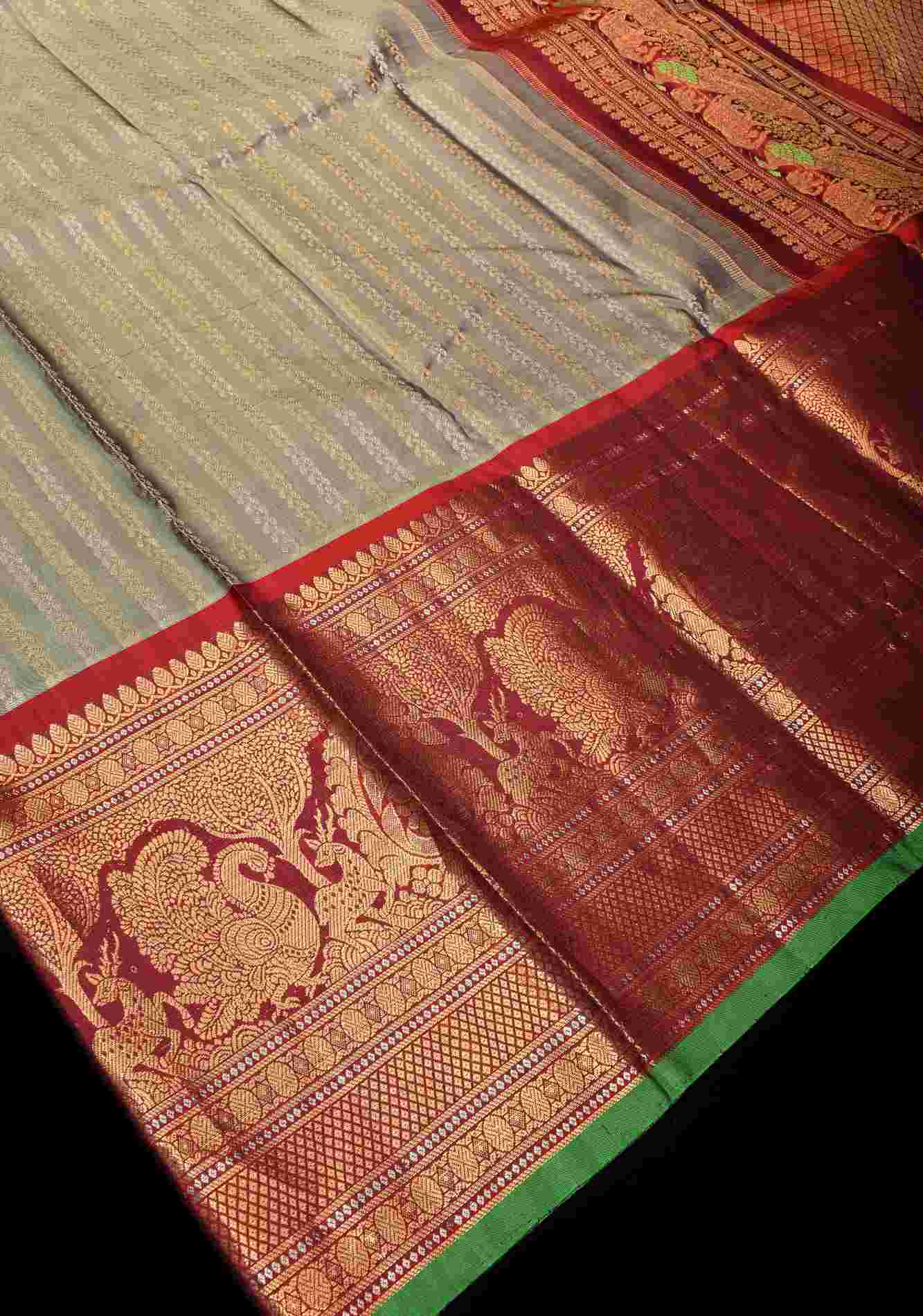 Ready To Wear Patina Pure Gadwal Silk Saree with Ornate Zari Stripes with 11" contrast border | SILK MARK CERTIFIED