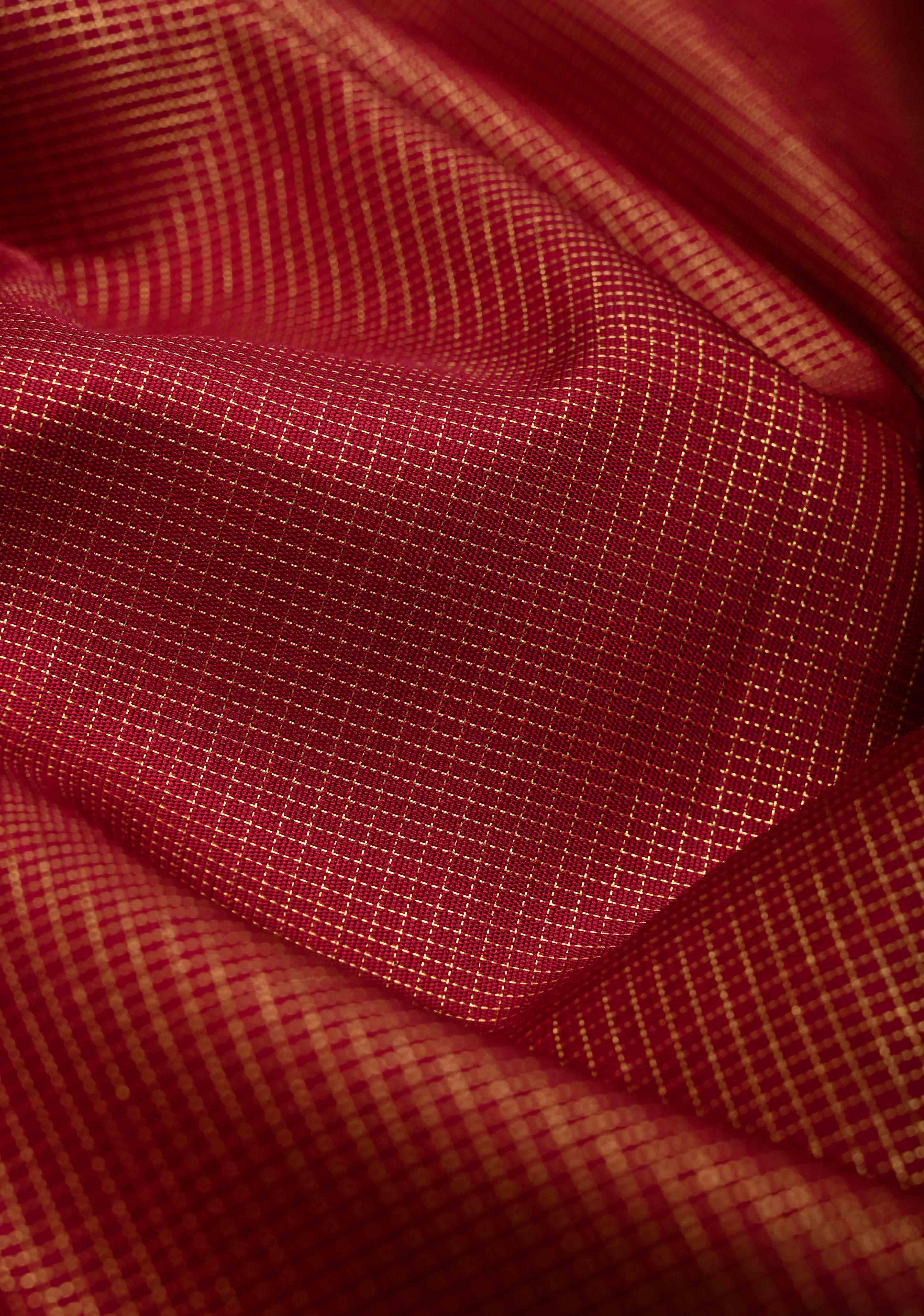 Stunning Brick Red Gadwal Silk Saree with Podi-Kattam Zari Checks and Wide Zari Border | SILK MARK CERTIFIED | SHOBITAM