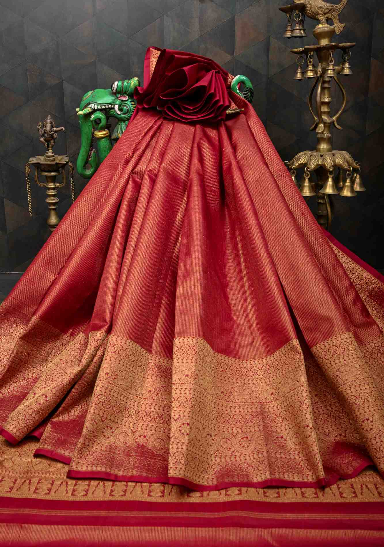 Stunning Brick Red Gadwal Silk Saree with Podi-Kattam Zari Checks and Wide Zari Border | SILK MARK CERTIFIED Ready To Wear Saree