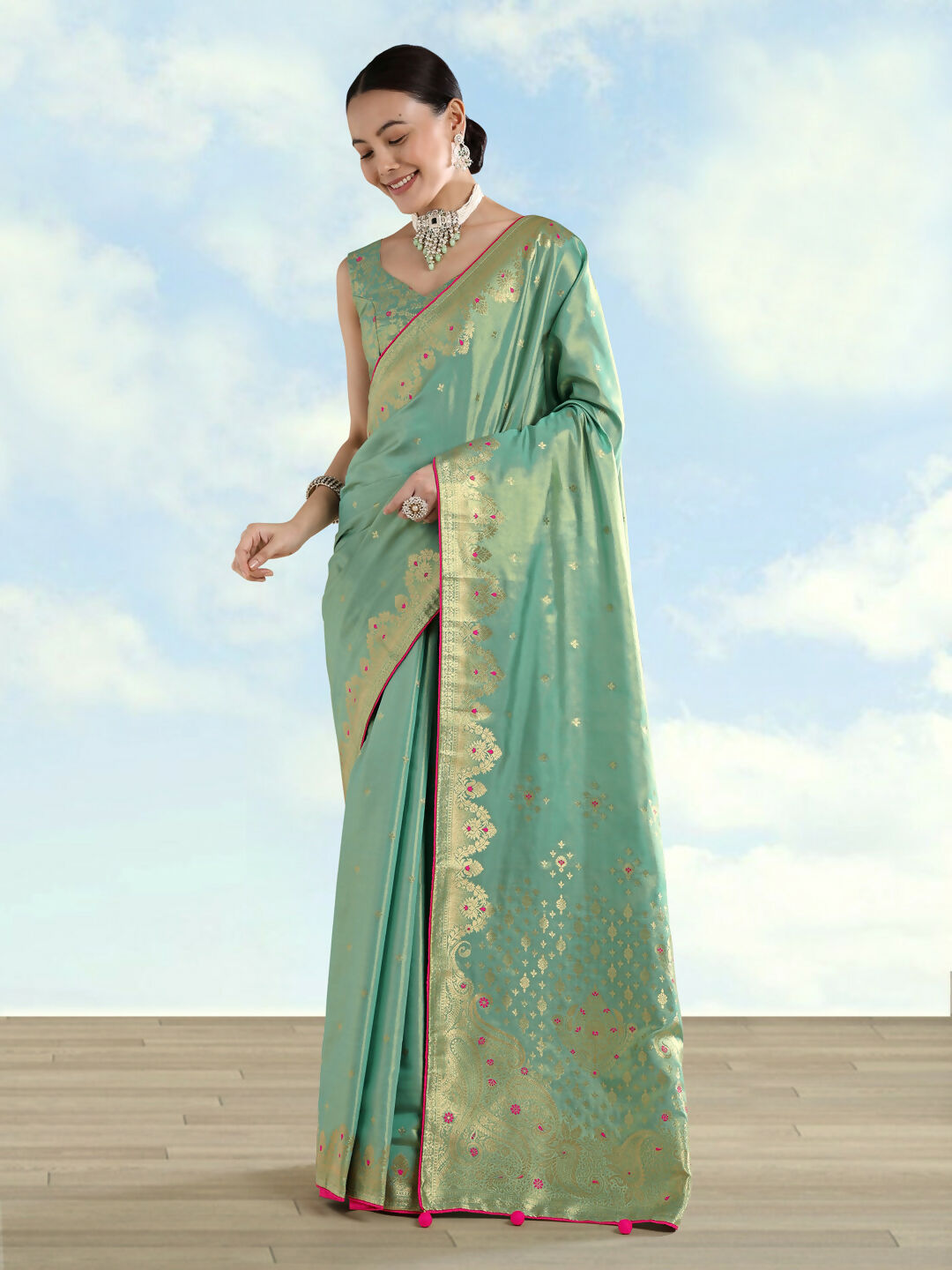 Light Blue Color Paisley Zari Woven Semi Banarasi Tissue Silk Saree  | Shobitam