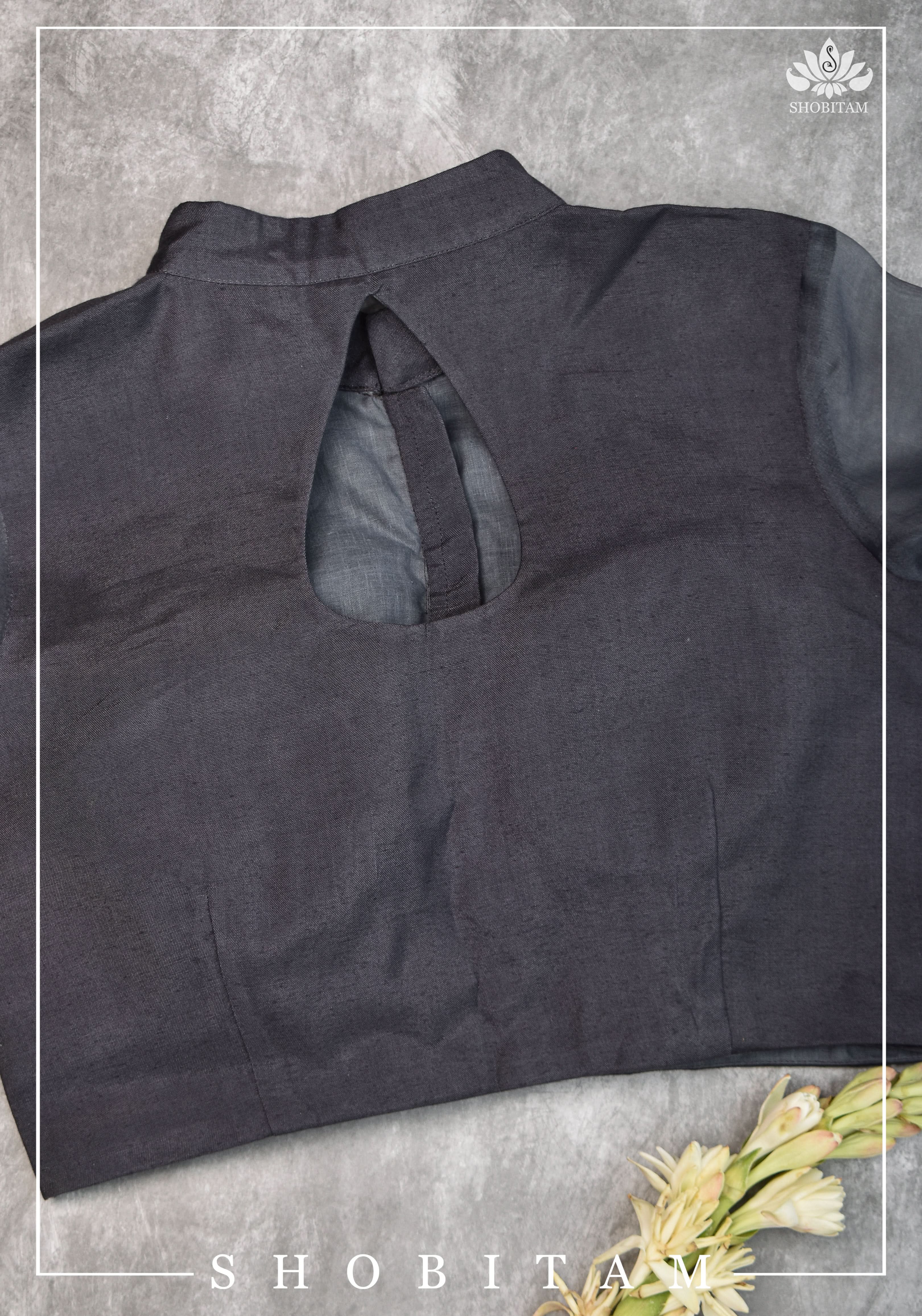 Gray rayon Chinese collar blouse with pure organza bishop sleeves - Mix and Match Blouse for saree | Shobitam