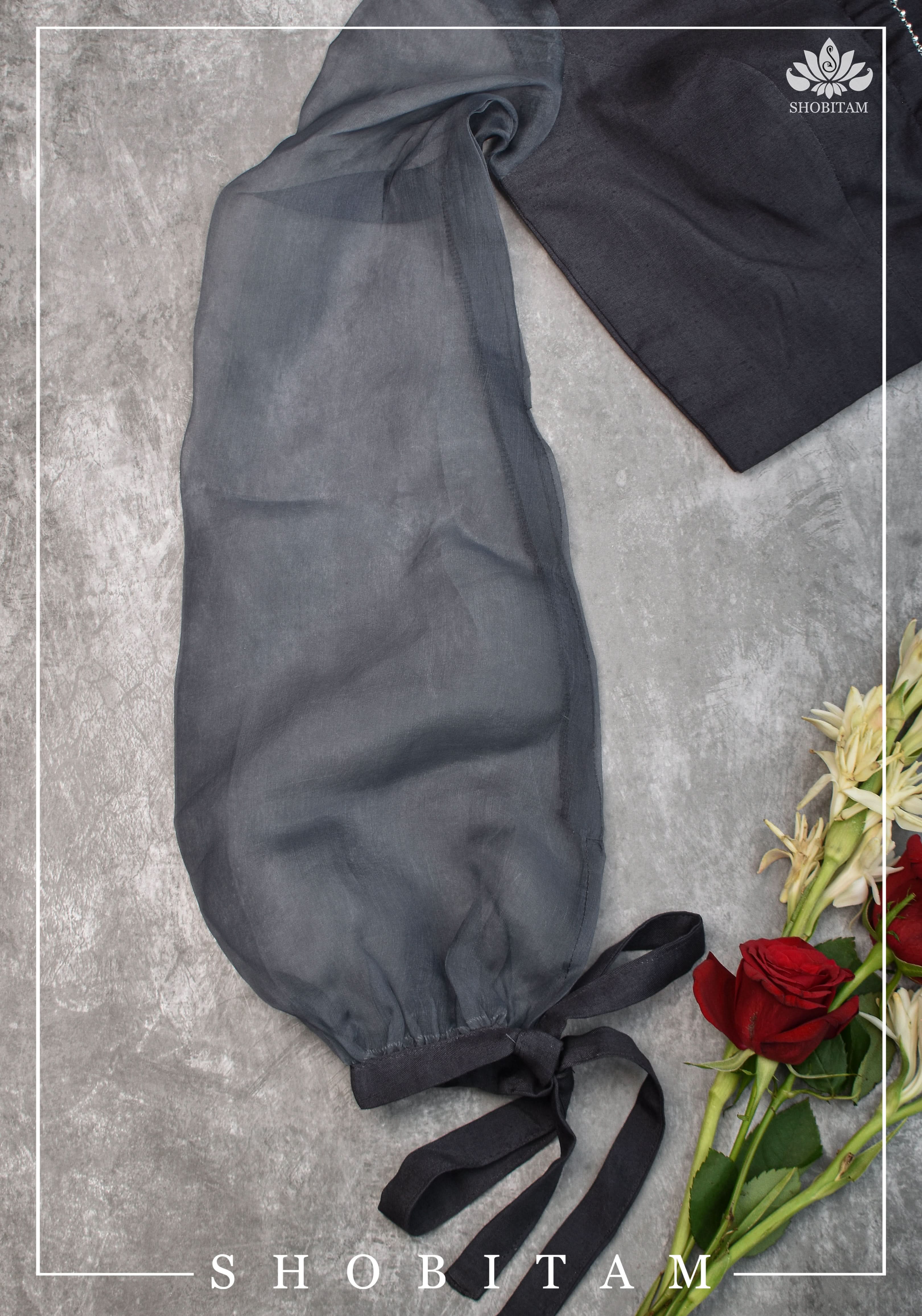 Gray rayon Chinese collar blouse with pure organza bishop sleeves - Mix and Match Blouse for saree | Shobitam