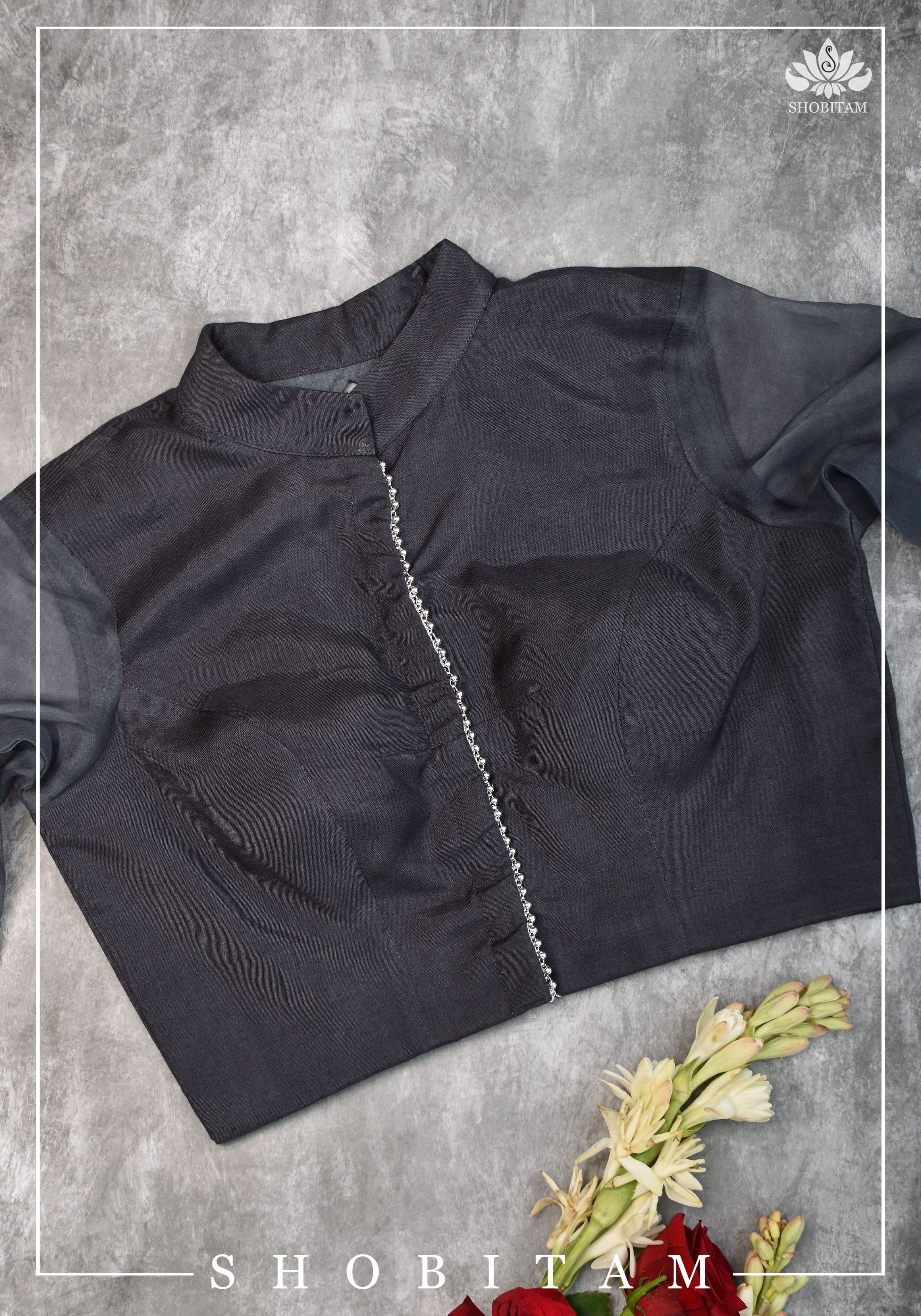 Gray rayon Chinese collar blouse with pure organza bishop sleeves - Mix and Match Blouse for saree | Shobitam