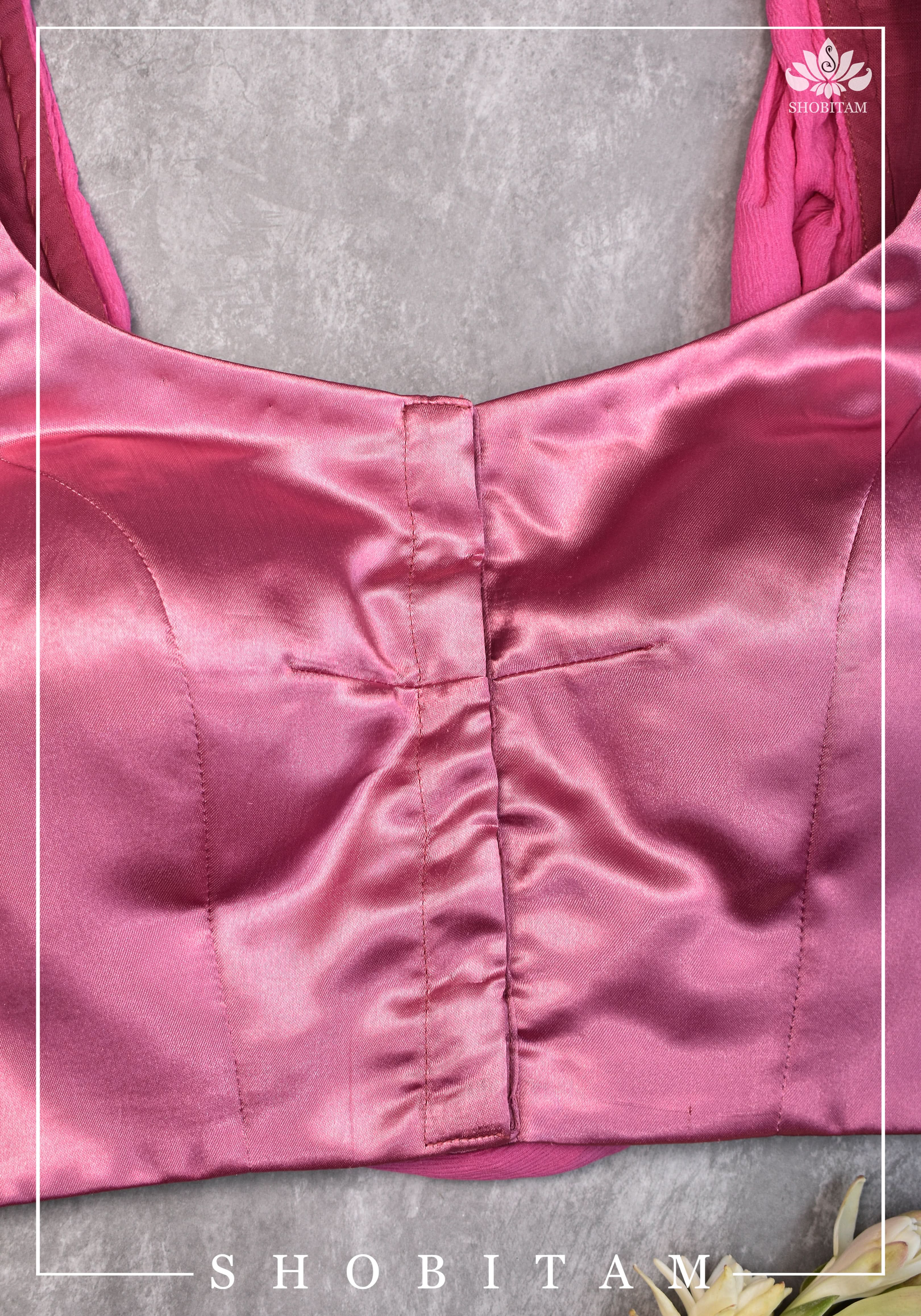 Bubblegum pink satin & chiffon Cowl neck in back blouse - Mix and Match saree blouse | Shobitam