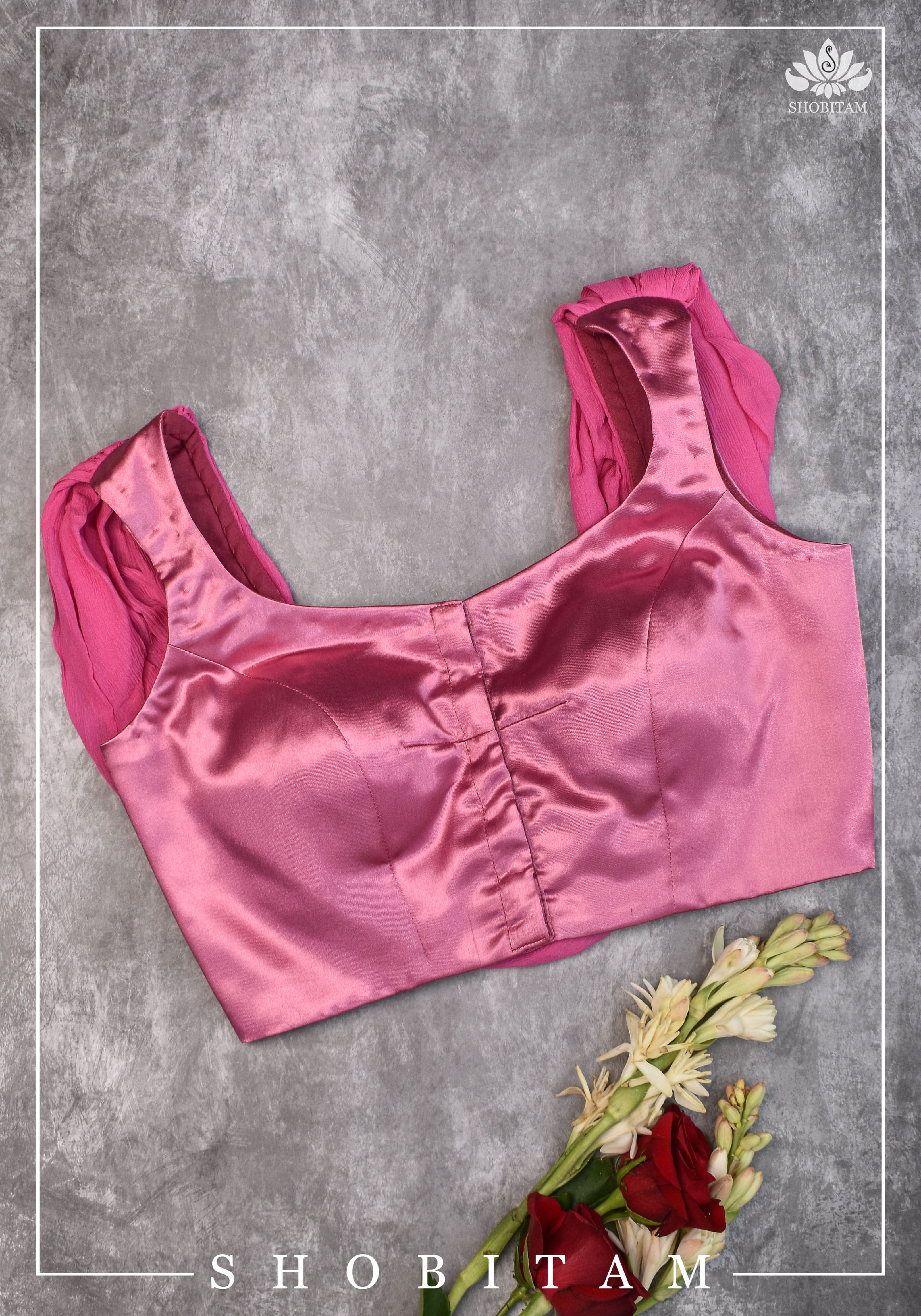 Bubblegum pink satin & chiffon Cowl neck in back blouse - Mix and Match saree blouse | Shobitam