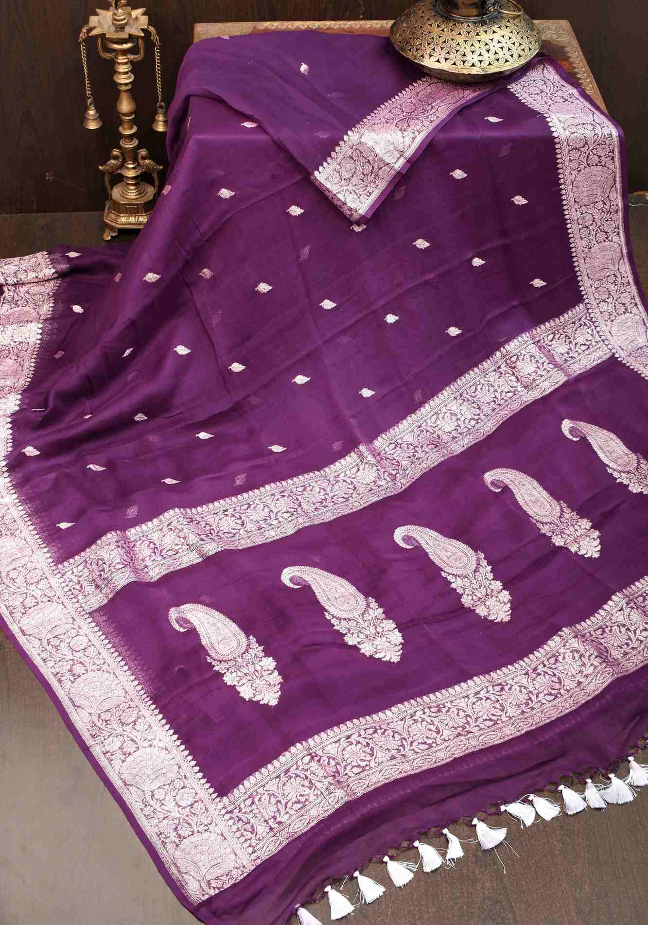 Pure Silk Chiffon Saree in Eggplant Purple with Silver Tone Zari Buttas & Zari Border | SILK MARK CERTIFIED Ready To Wear Saree