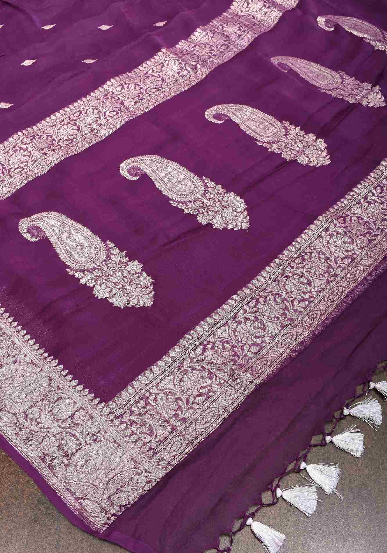 Pure Silk Chiffon Saree in Eggplant Purple with Silver Tone Zari Buttas & Zari Border | SILK MARK CERTIFIED Ready To Wear Saree