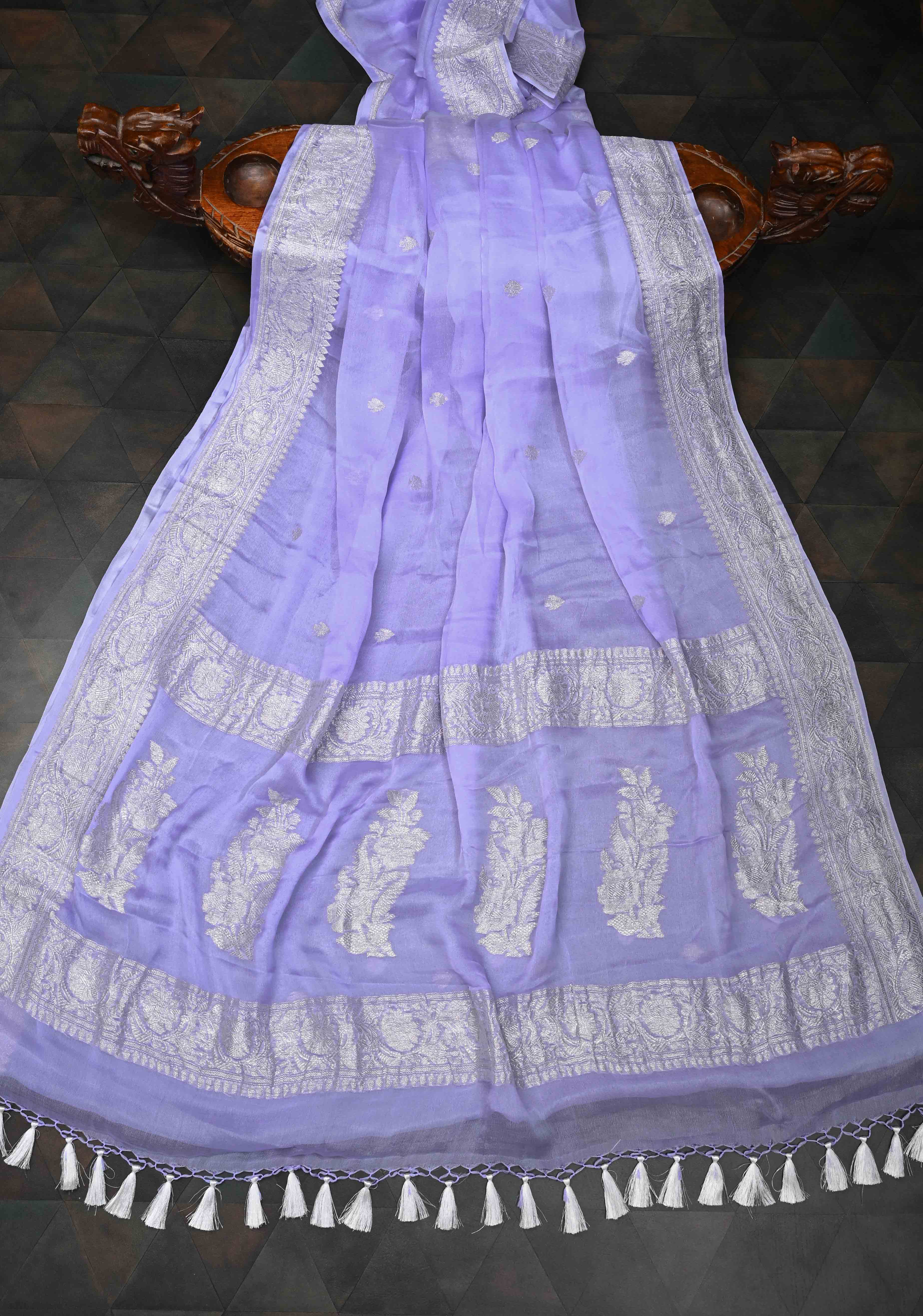 Periwinkle Pure Chiffon Silk Saree with Silver tone Zari Buttas and Border | SILK MARK CERTIFIED | SHOBITAM