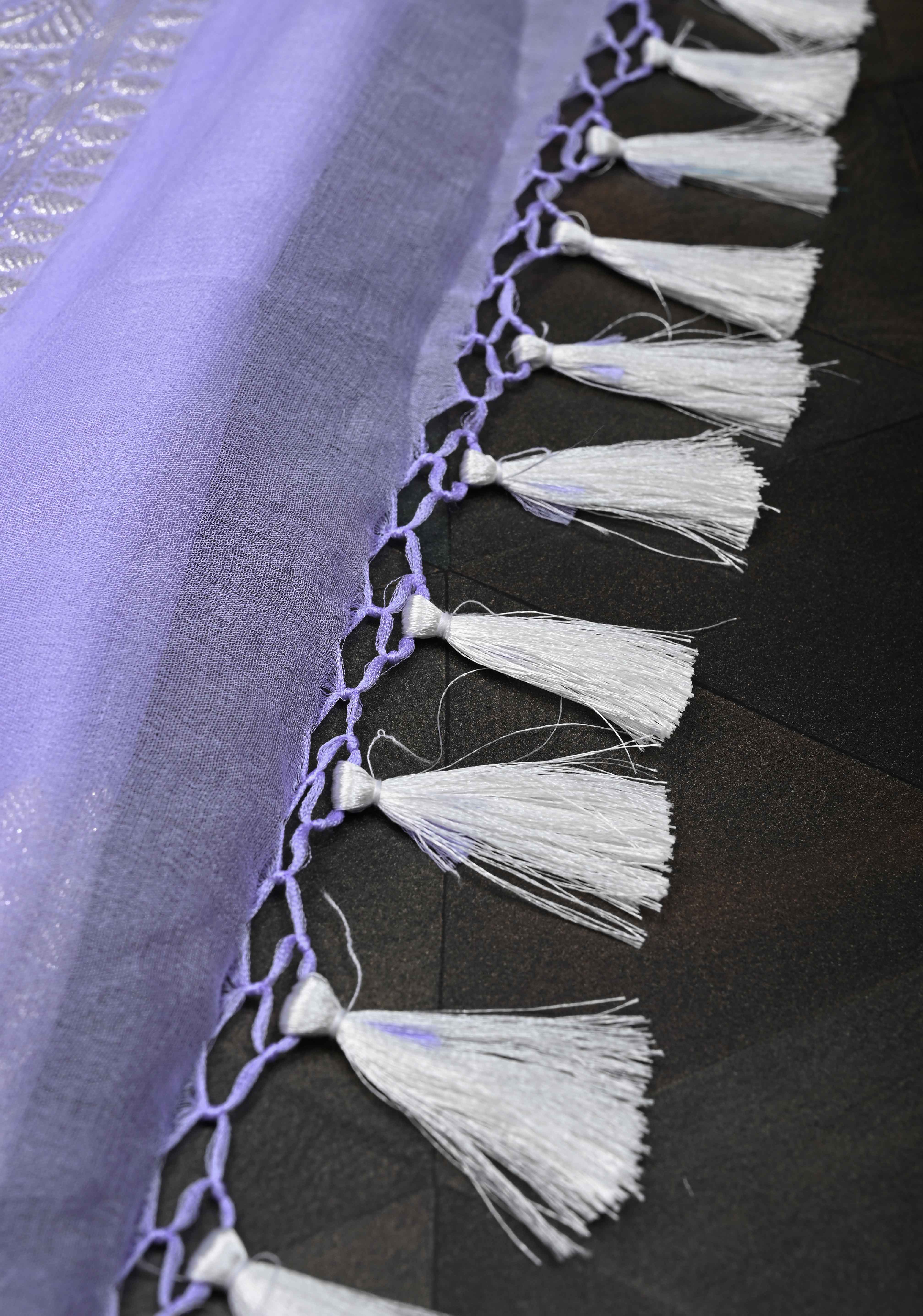 Periwinkle Pure Chiffon Silk Saree with Silver tone Zari Buttas and Border | SILK MARK CERTIFIED | SHOBITAM