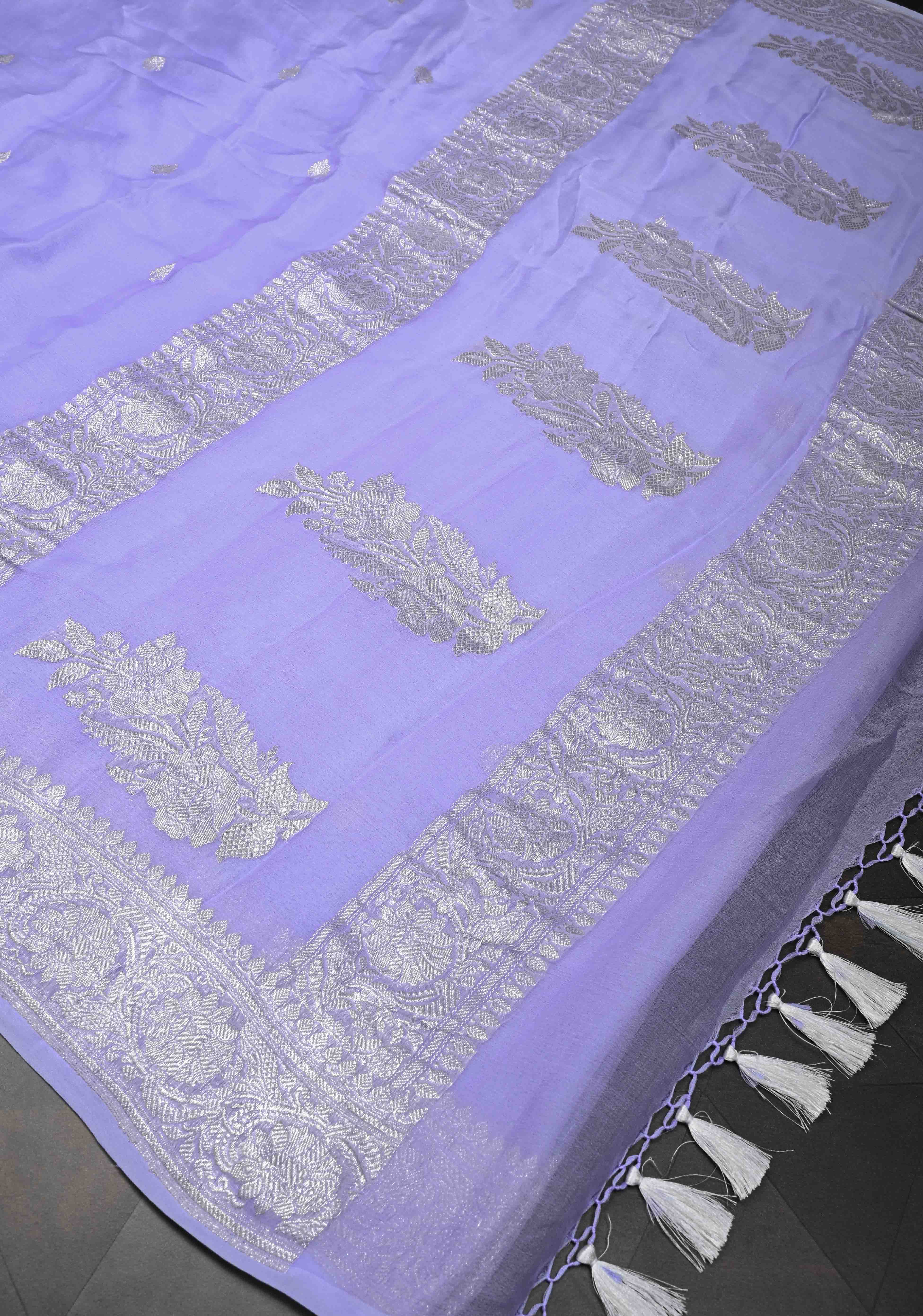 Periwinkle Pure Chiffon Silk Saree with Silver tone Zari Buttas and Border | SILK MARK CERTIFIED | SHOBITAM