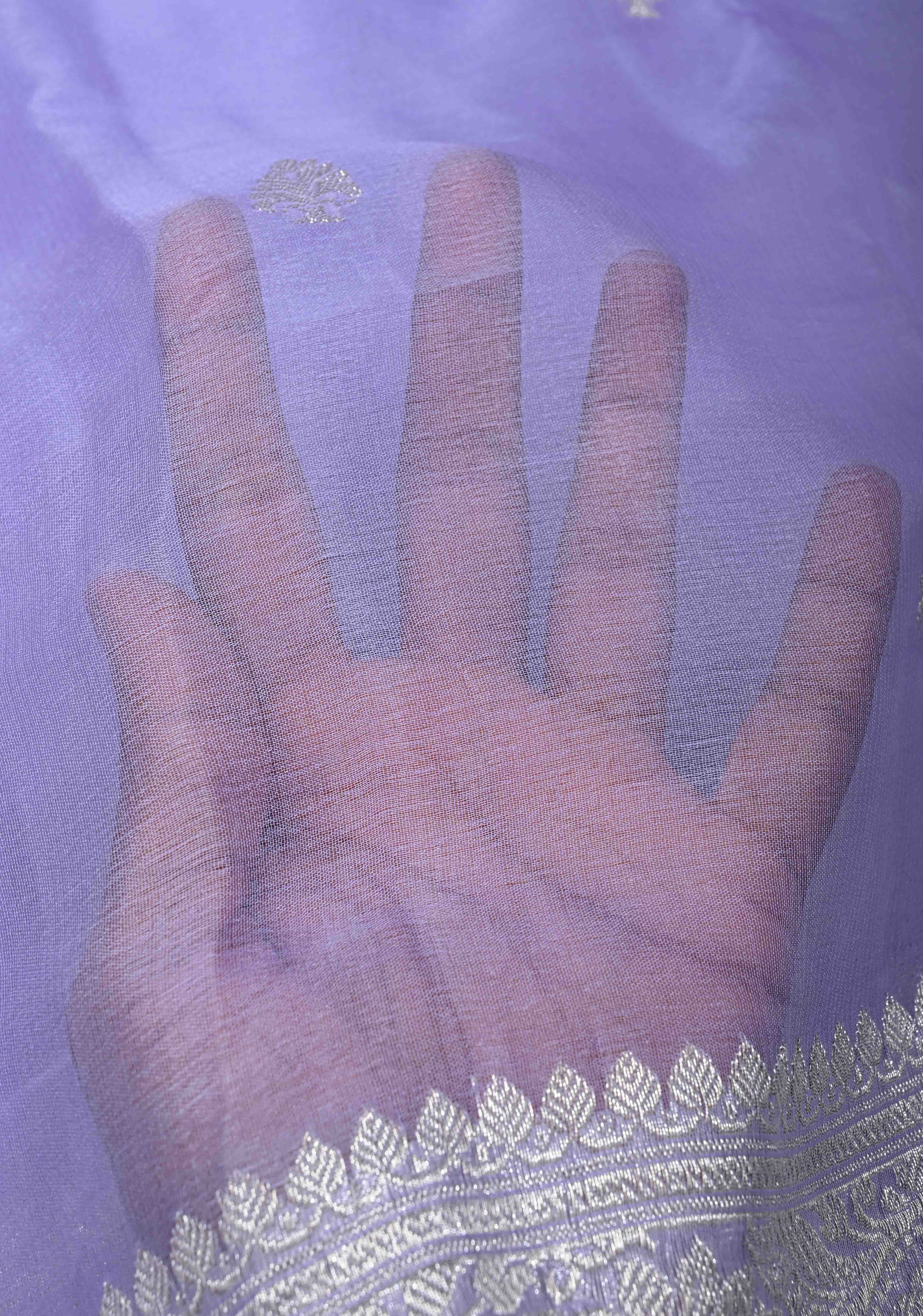 Periwinkle Pure Chiffon Silk Saree with Silver tone Zari Buttas and Border | SILK MARK CERTIFIED | SHOBITAM