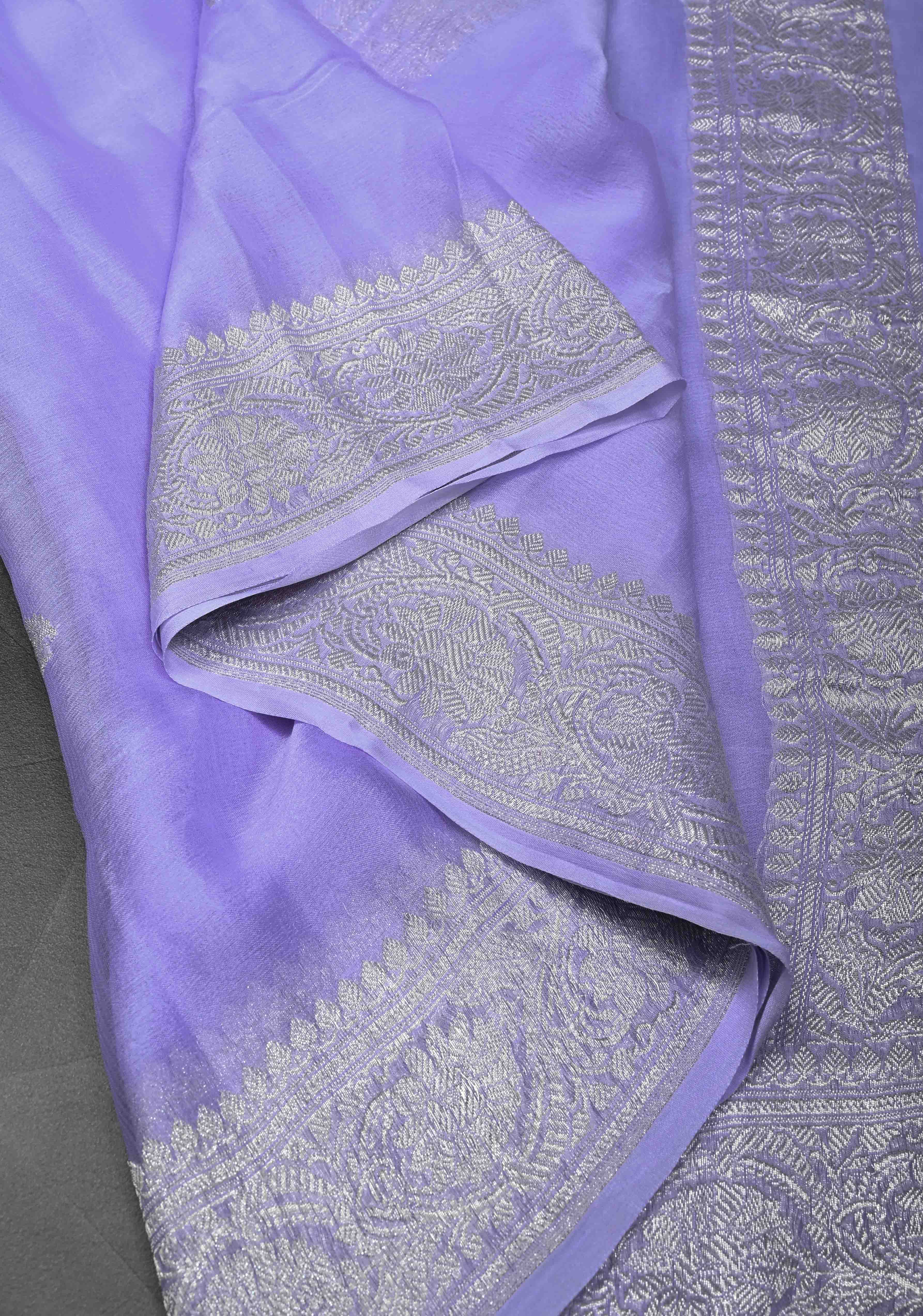 Periwinkle Pure Chiffon Silk Saree with Silver tone Zari Buttas and Border | SILK MARK CERTIFIED | SHOBITAM