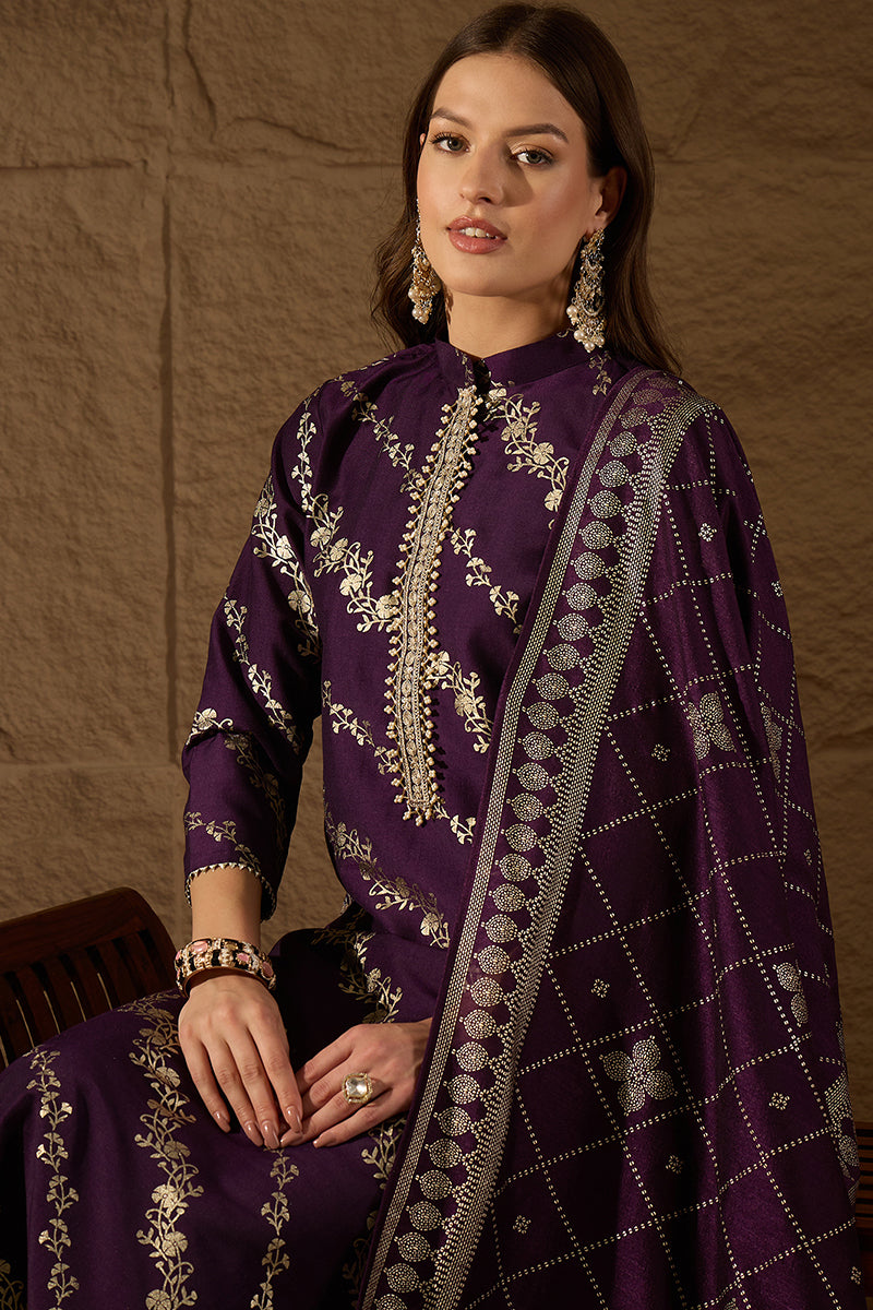 Purple Silk Blend Ethnic Motifs Printed Straight Kurta Sets | SHOBITAM
