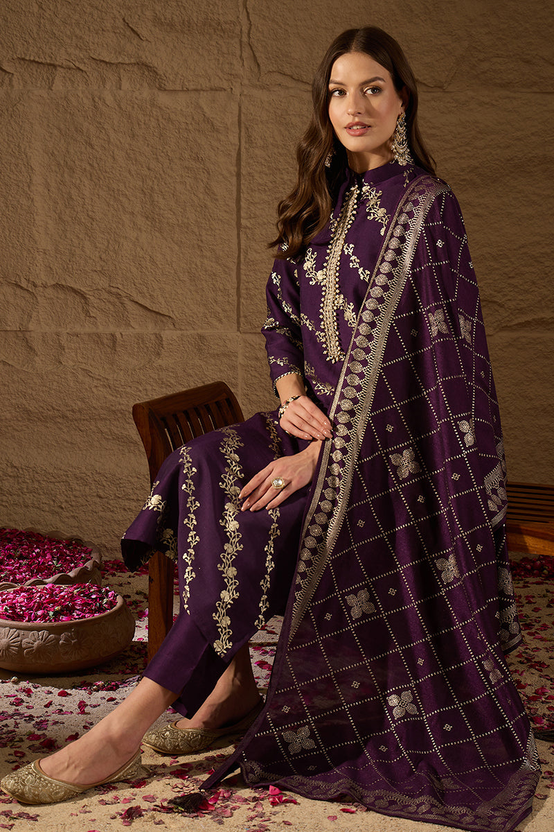Purple Silk Blend Ethnic Motifs Printed Straight Kurta Sets | SHOBITAM