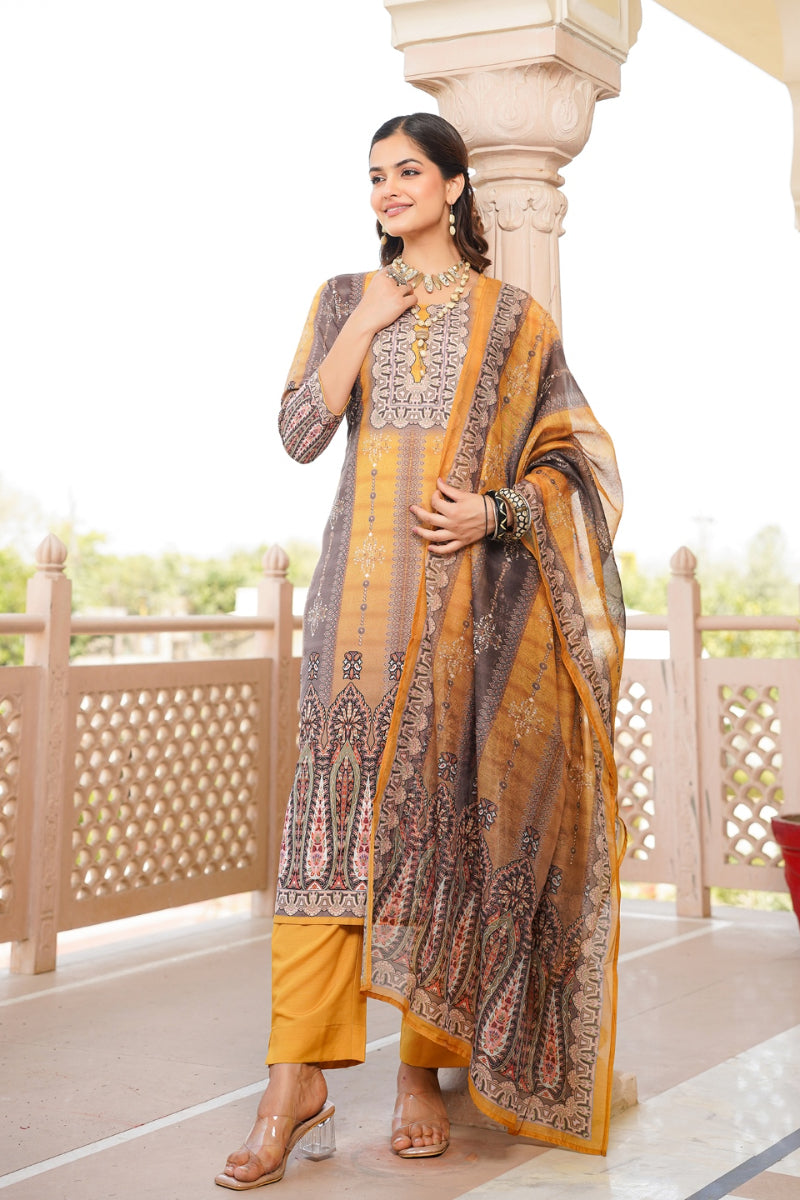 Yellow Rayon Blend Ethnic Motifs Printed Straight Kurta Trouser With Dupatta | SHOBITAM