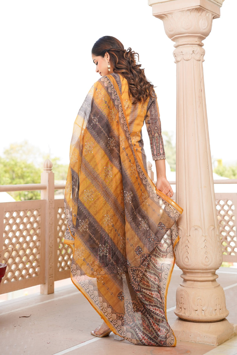 Yellow Rayon Blend Ethnic Motifs Printed Straight Kurta Trouser With Dupatta | SHOBITAM