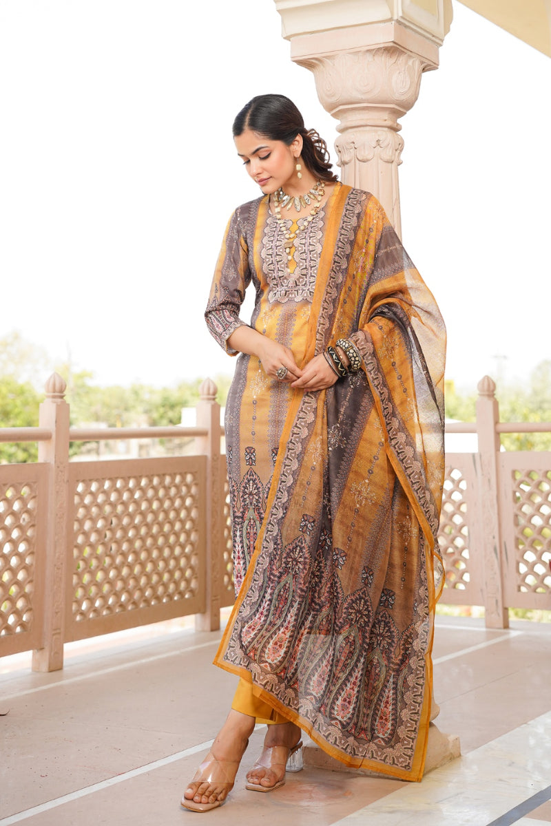 Yellow Rayon Blend Ethnic Motifs Printed Straight Kurta Trouser With Dupatta | SHOBITAM