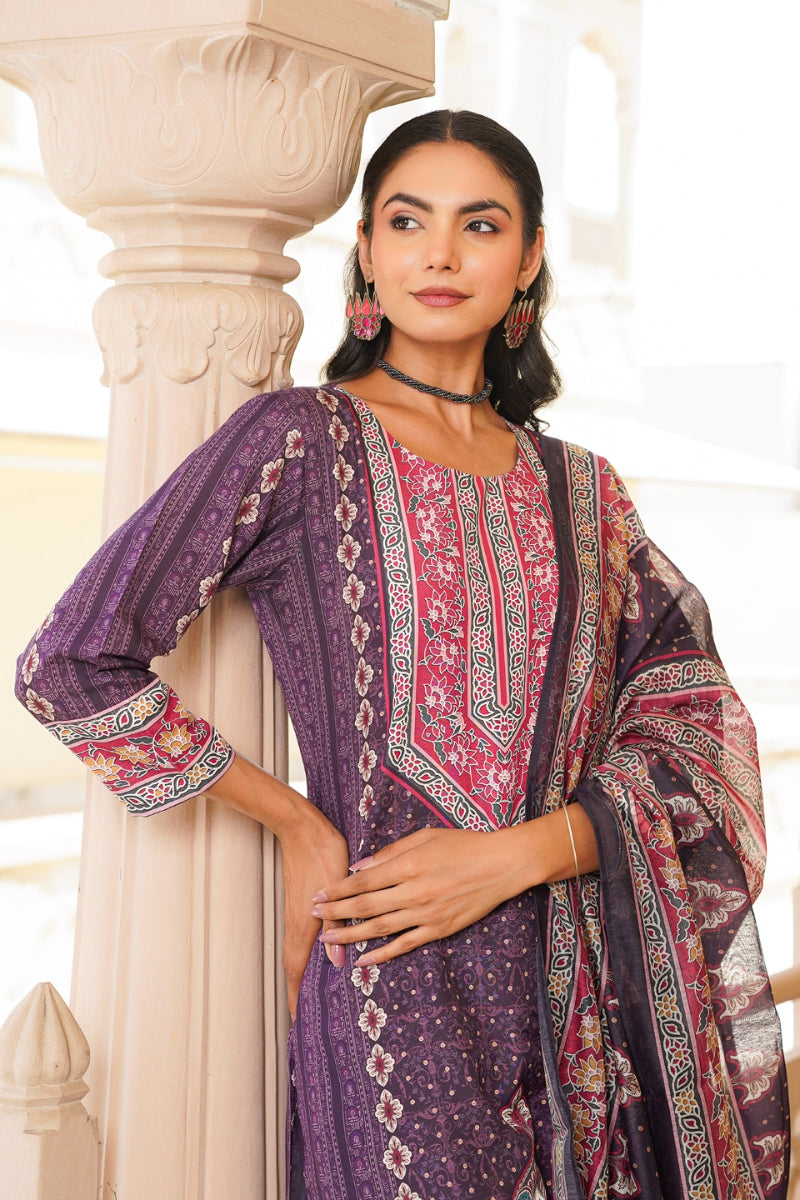 Purple Rayon Blend Ethnic Motifs Printed Straight Kurta Trouser With Dupatta | SHOBITAM