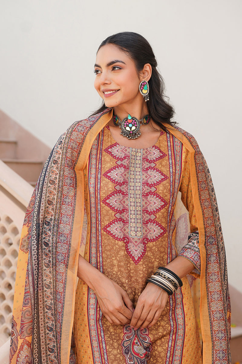 Yellow Rayon Blend Ethnic Motifs Printed Straight Kurta Trouser With Dupatta | SHOBITAM