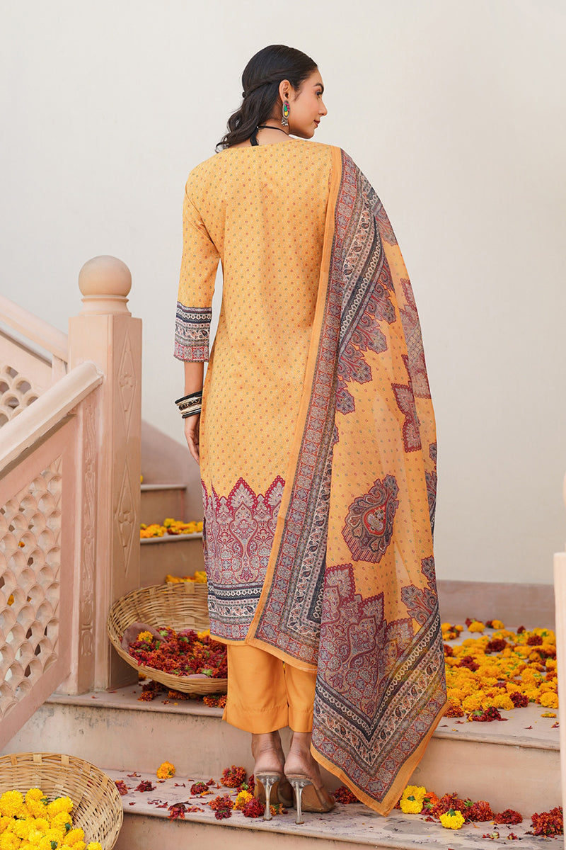 Yellow Rayon Blend Ethnic Motifs Printed Straight Kurta Trouser With Dupatta | SHOBITAM