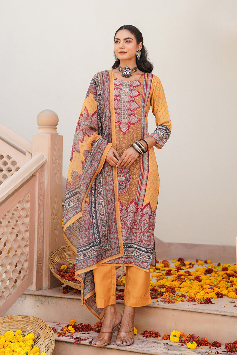 Yellow Rayon Blend Ethnic Motifs Printed Straight Kurta Trouser With Dupatta | SHOBITAM