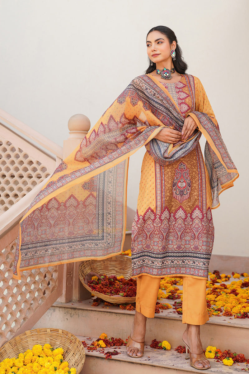 Yellow Rayon Blend Ethnic Motifs Printed Straight Kurta Trouser With Dupatta | SHOBITAM