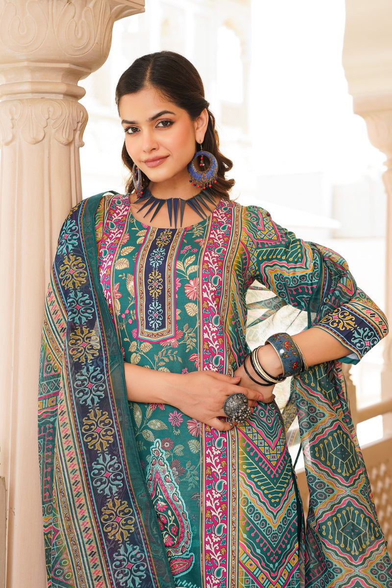 Teal Rayon Blend Ethnic Motifs Printed Straight Kurta Trouser With Dupatta | SHOBITAM