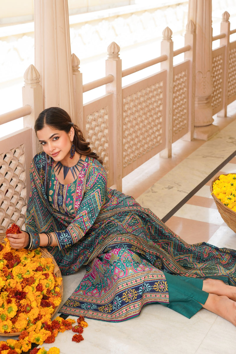 Teal Rayon Blend Ethnic Motifs Printed Straight Kurta Trouser With Dupatta | SHOBITAM