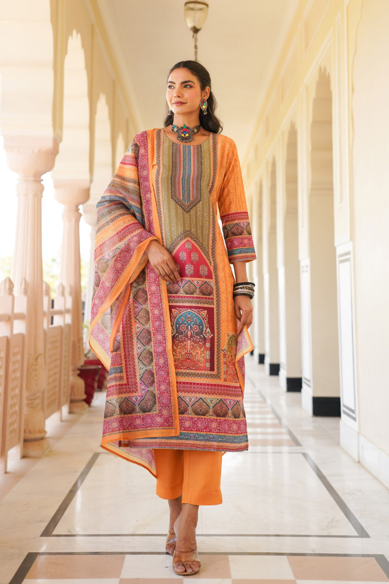 Yellow Rayon Blend Ethnic Motifs Printed Straight Kurta Trouser With Dupatta | SHOBITAM