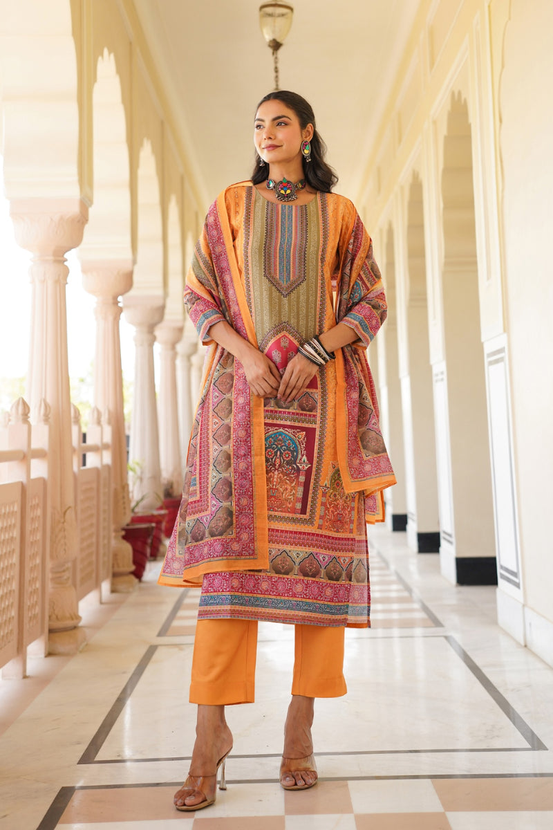 Yellow Rayon Blend Ethnic Motifs Printed Straight Kurta Trouser With Dupatta | SHOBITAM