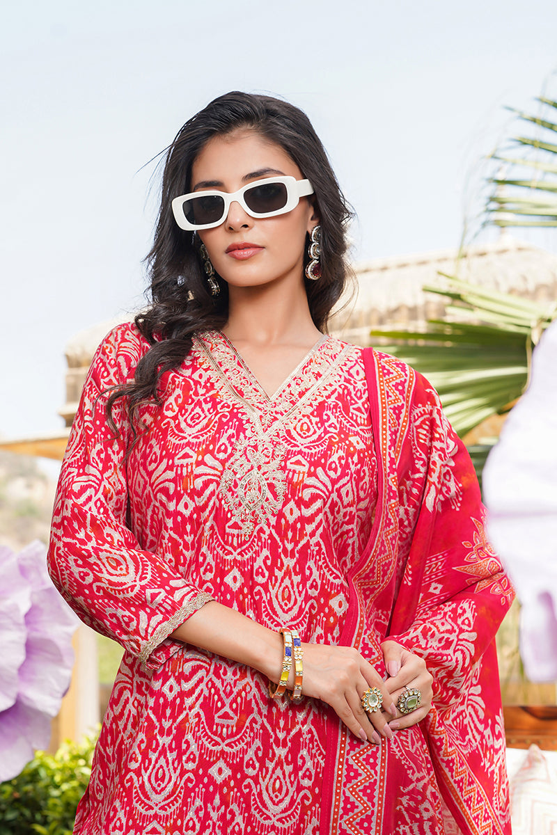 Red Silk Blend Ikat Printed Straight Kurta Trousers With Dupatta | SHOBITAM
