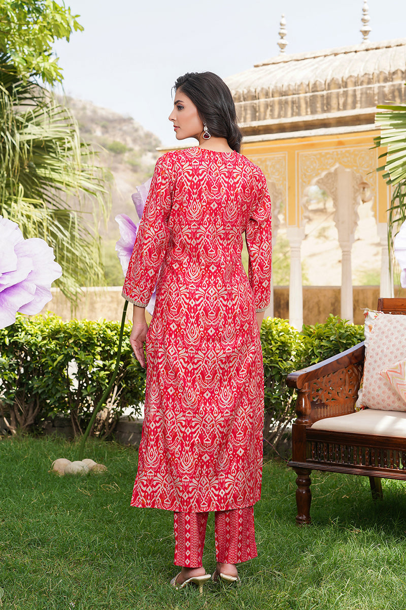Red Silk Blend Ikat Printed Straight Kurta Trousers With Dupatta | SHOBITAM