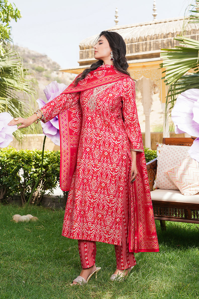 Red Silk Blend Ikat Printed Straight Kurta Trousers With Dupatta | SHOBITAM