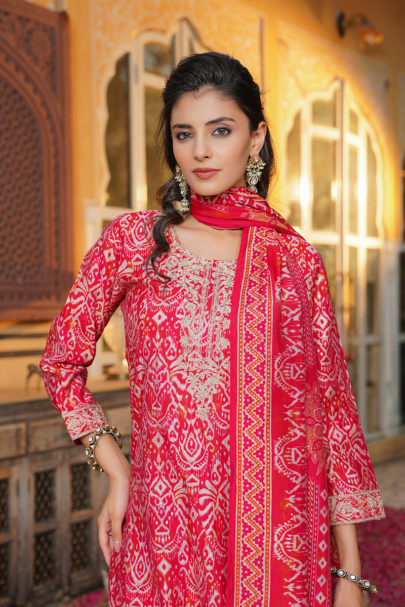 Red Silk Blend Ikat Embroidered Straight Kurta Trousers With Dupatta