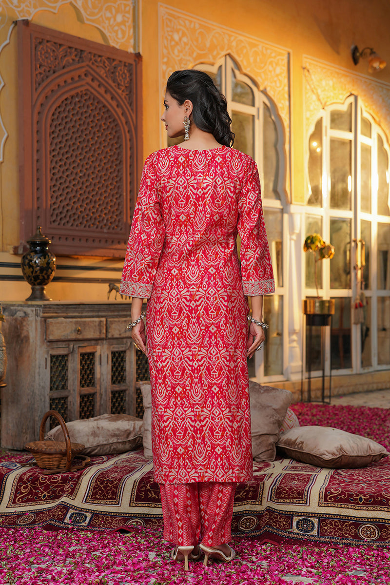 Red Silk Blend Ikat Embroidered Straight Kurta Trousers With Dupatta