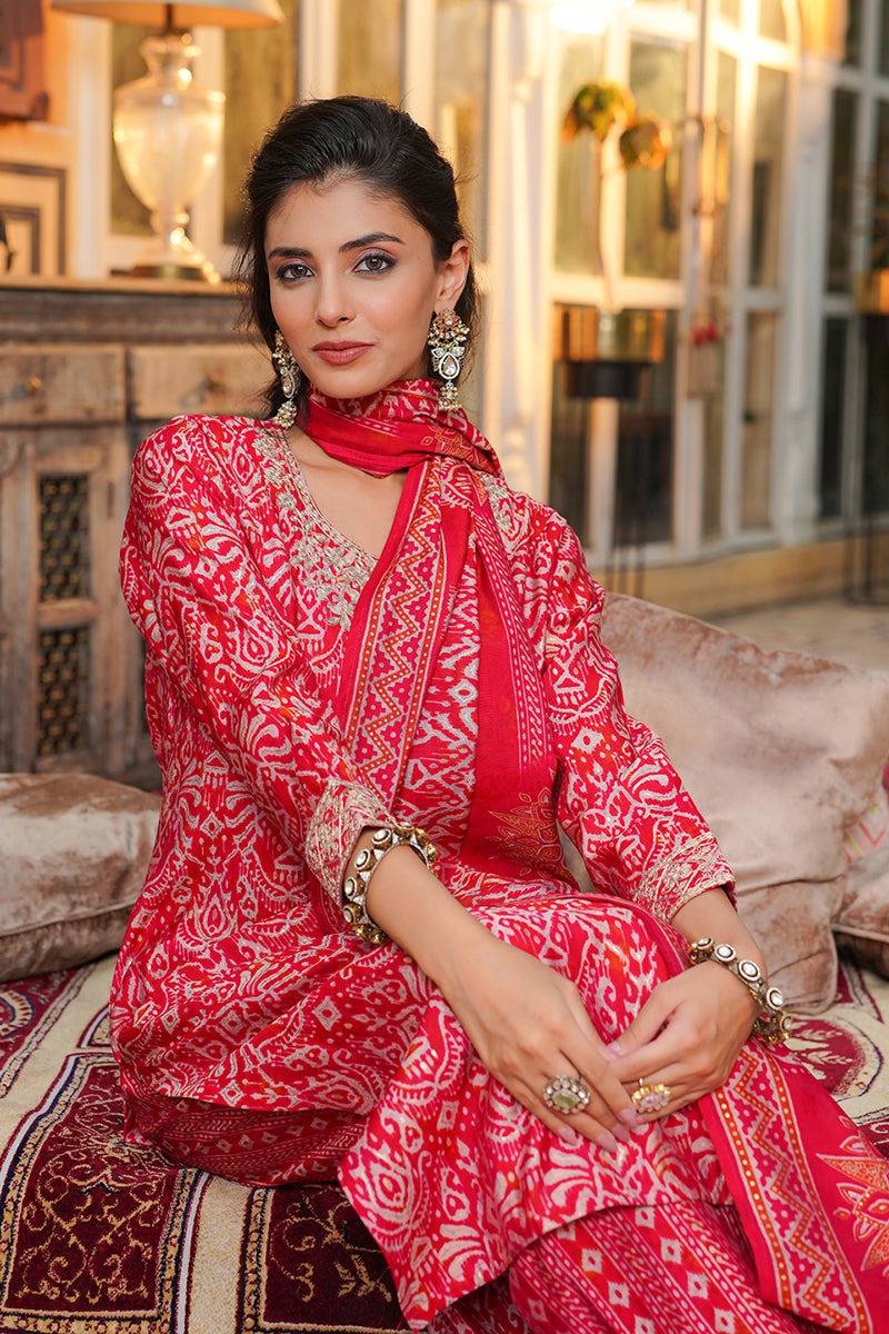 Red Silk Blend Ikat Embroidered Straight Kurta Trousers With Dupatta