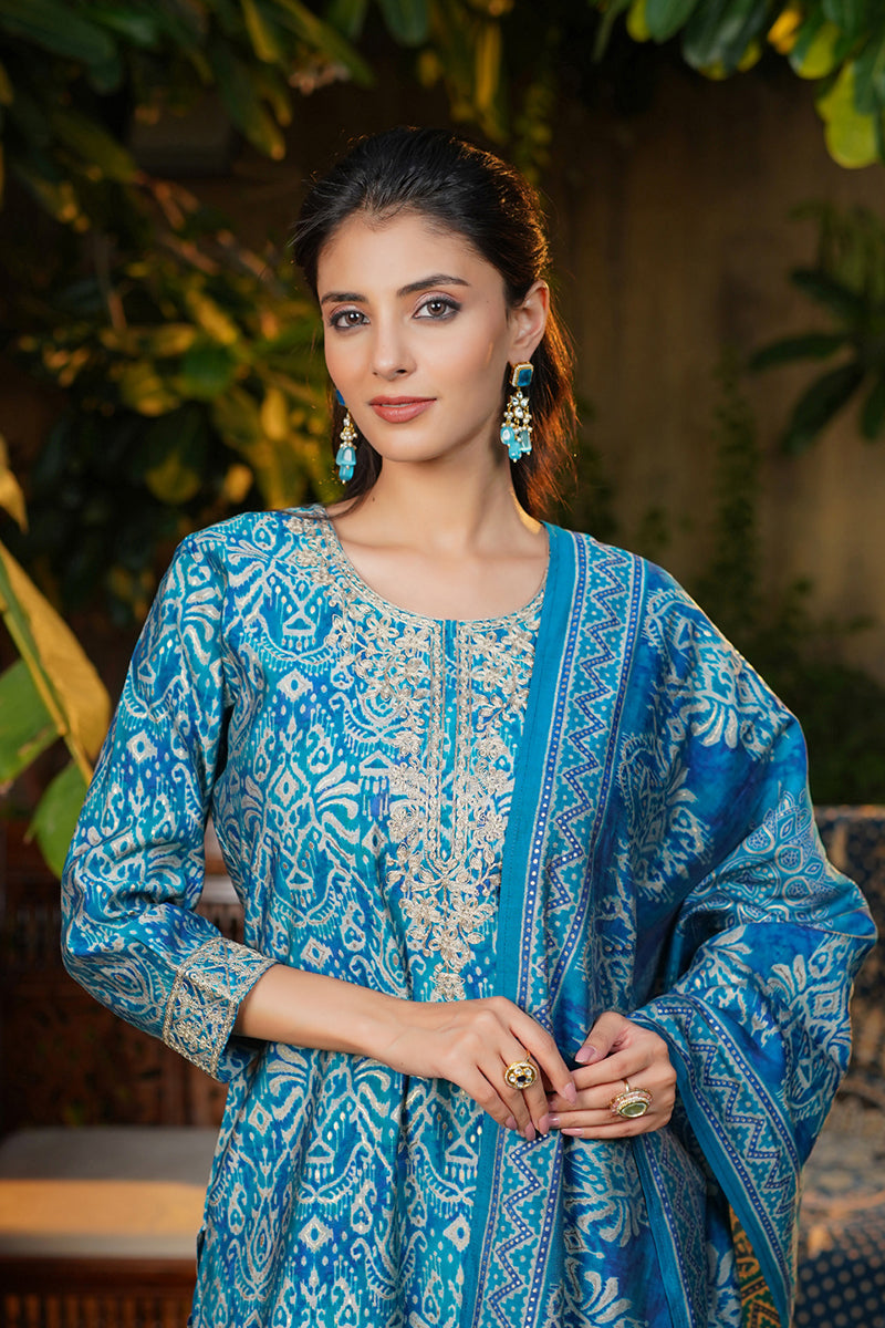 Blue Silk Blend Ikat Printed Straight Kurta Trousers With Dupatta | SHOBITAM